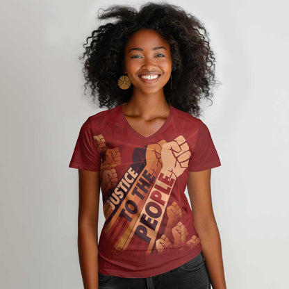 Justice To The People Africa Women V-Neck T-Shirt Afro Raised Fist