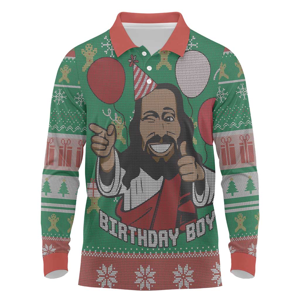 African Birthday Boy Jesus Long Sleeve Polo Shirt Afro Christmas