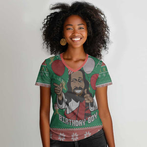 African Birthday Boy Jesus Women V-Neck T-Shirt Afro Christmas