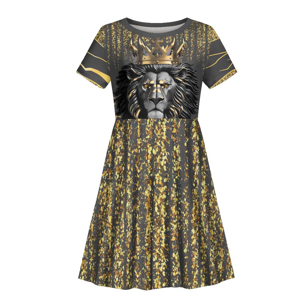 Personalized Black and Gold Lion Africa Kid Short Sleeve Dress