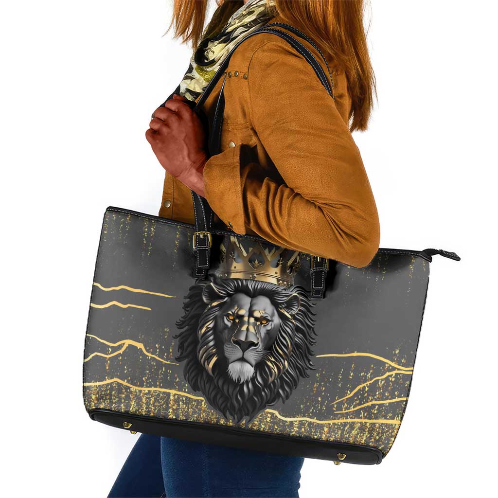 Personalized Black and Gold Lion Africa Leather Tote Bag