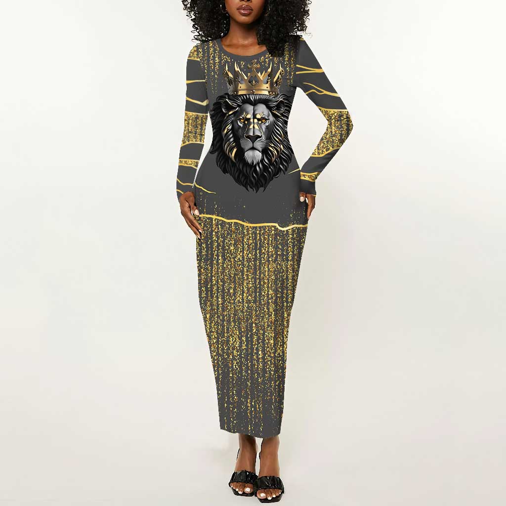 Personalized Black and Gold Lion Africa Long Sleeve Bodycon Dress DT03