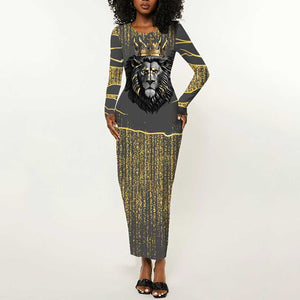 Personalized Black and Gold Lion Africa Long Sleeve Bodycon Dress