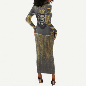 Personalized Black and Gold Lion Africa Long Sleeve Bodycon Dress