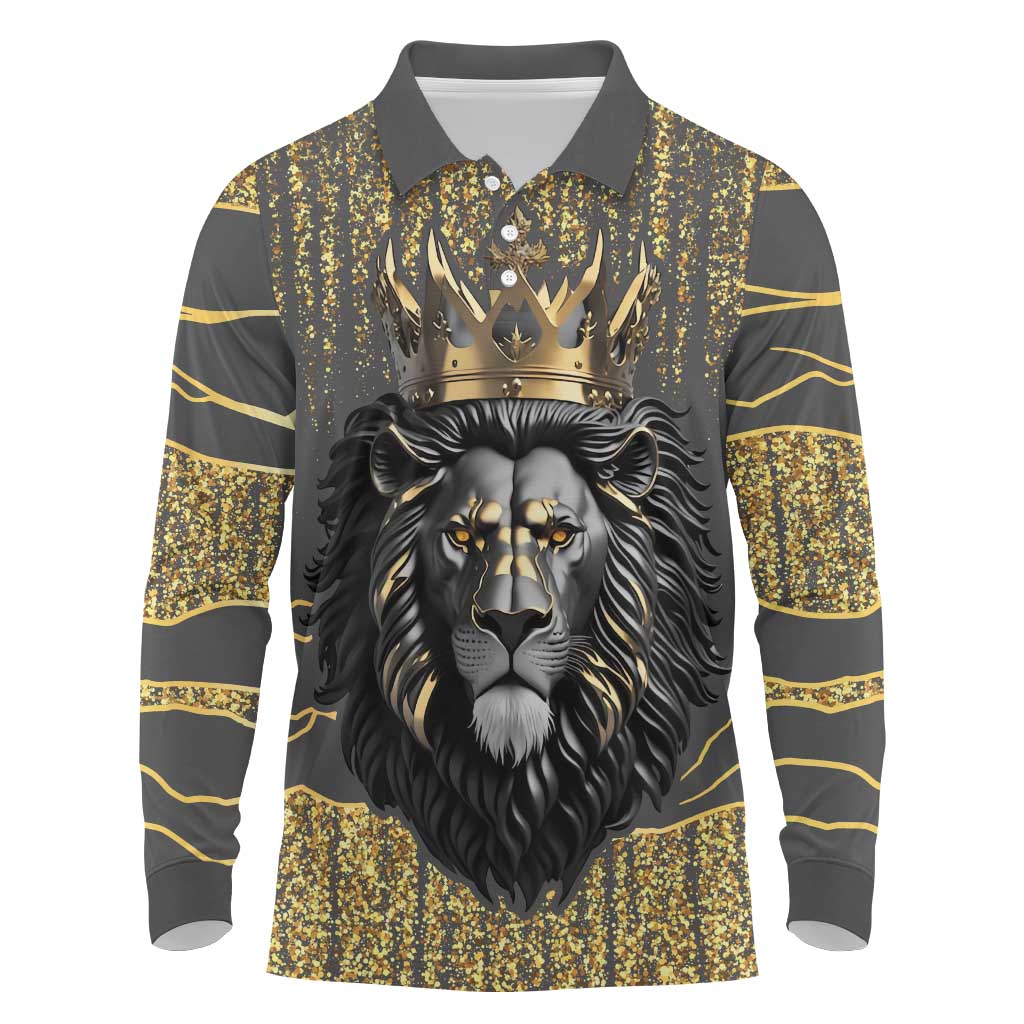 Personalized Black and Gold Lion Africa Long Sleeve Polo Shirt