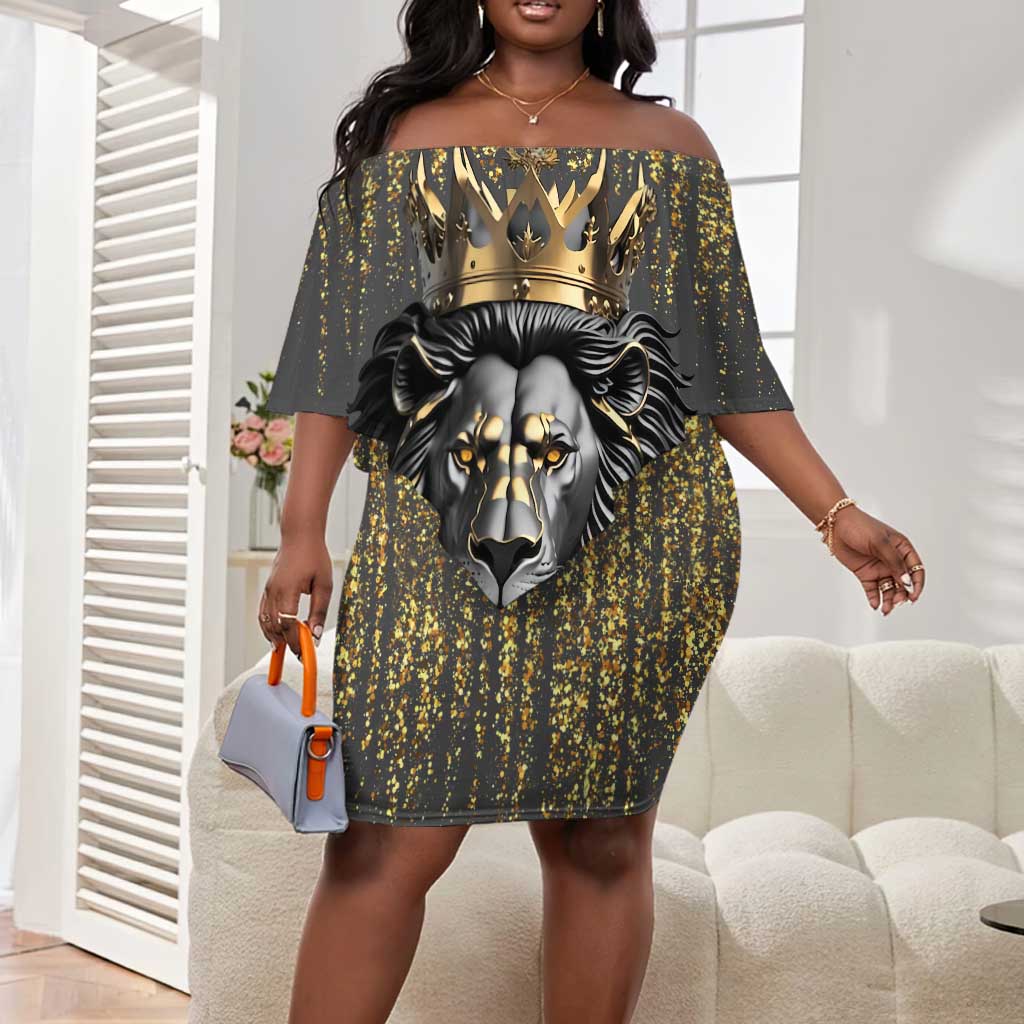 Personalized Black and Gold Lion Africa Off Shoulder Short Dress