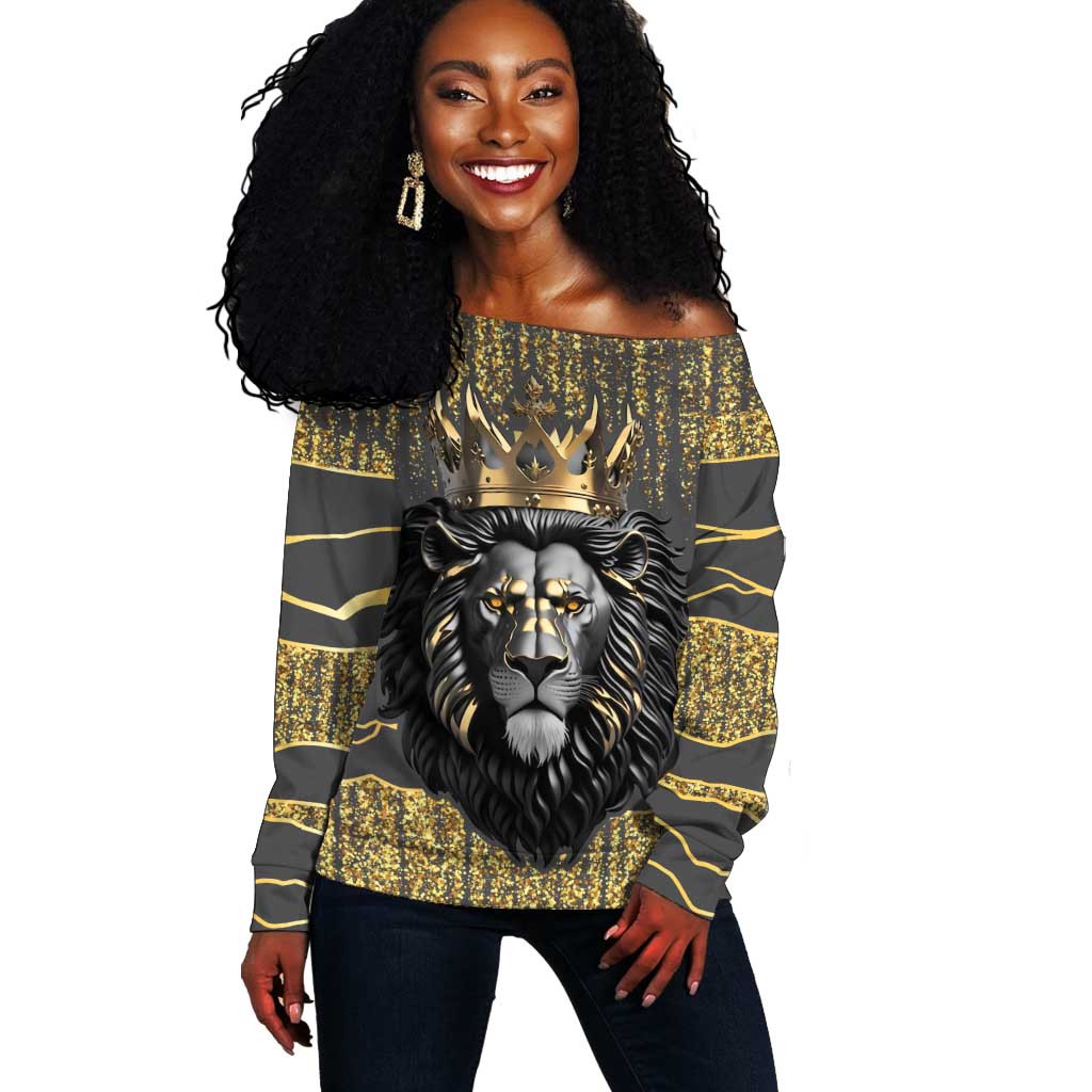 Personalized Black and Gold Lion Africa Off Shoulder Sweater