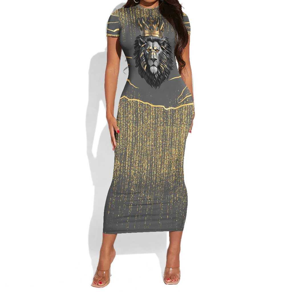 Personalized Black and Gold Lion Africa Short Sleeve Bodycon Dress