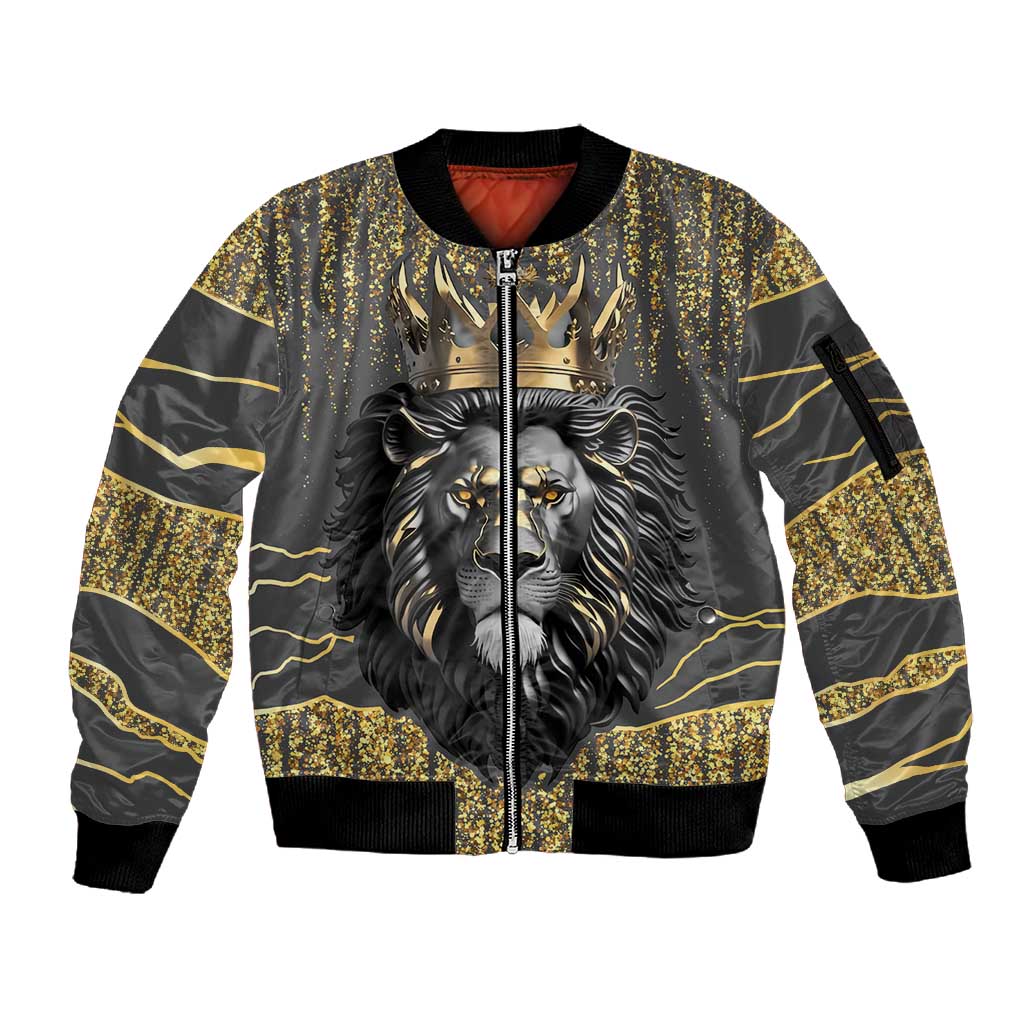 Personalized Black and Gold Lion Africa Sleeve Zip Bomber Jacket