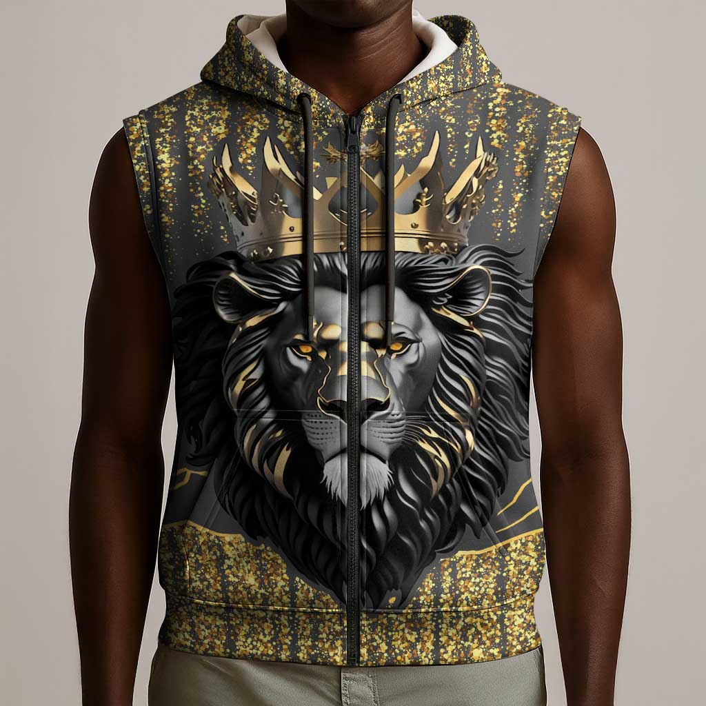 Personalized Black and Gold Lion Africa Sleeveless Zip Hoodie - African Pride