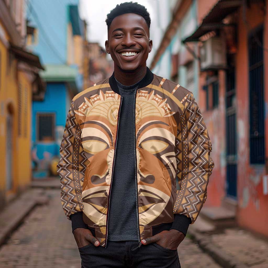 African Mask Printed Mudcloth Bomber Jacket Afro Bogolan