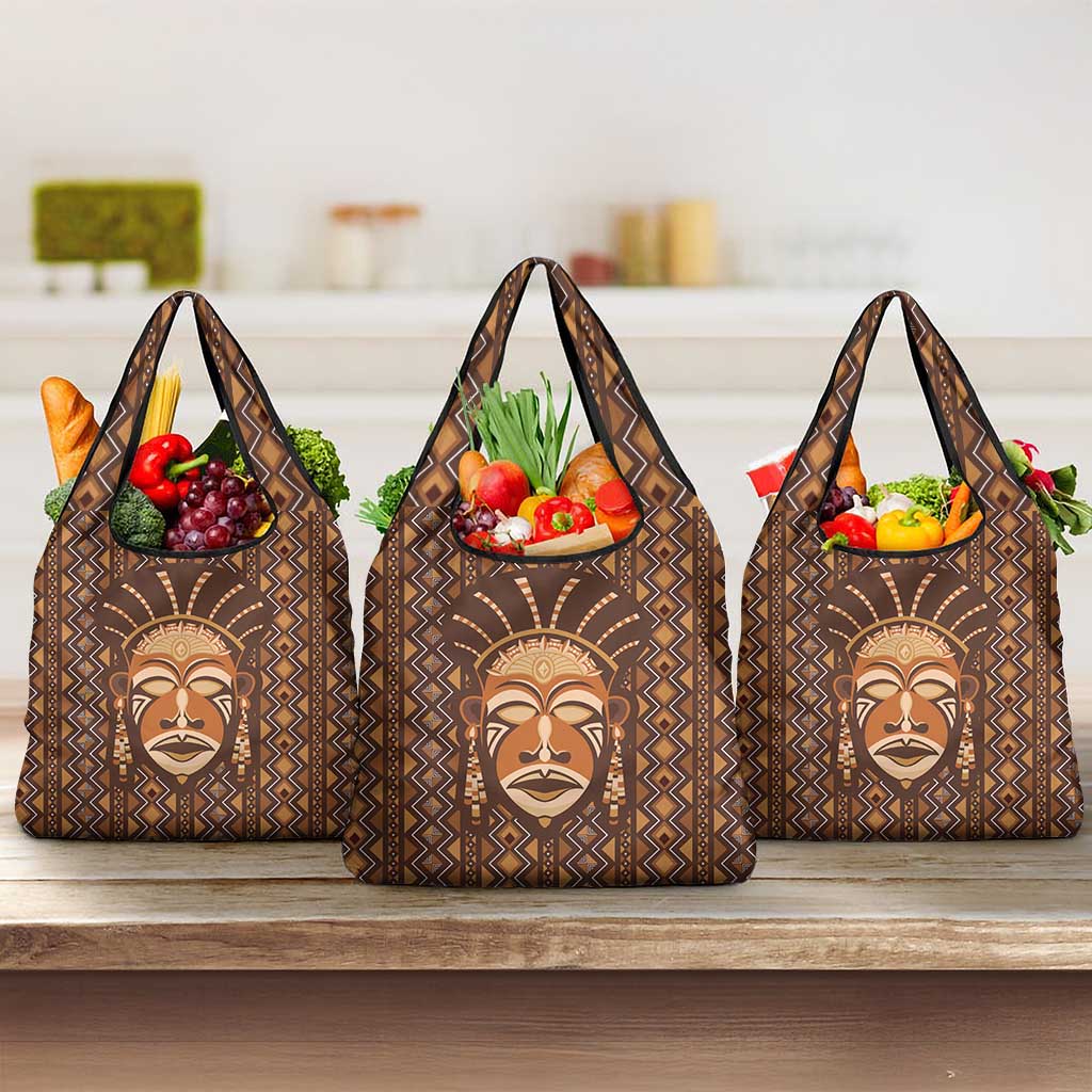 African Mask Printed Mudcloth Grocery Bag Afro Bogolan