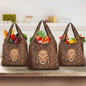 African Mask Printed Mudcloth Grocery Bag Afro Bogolan