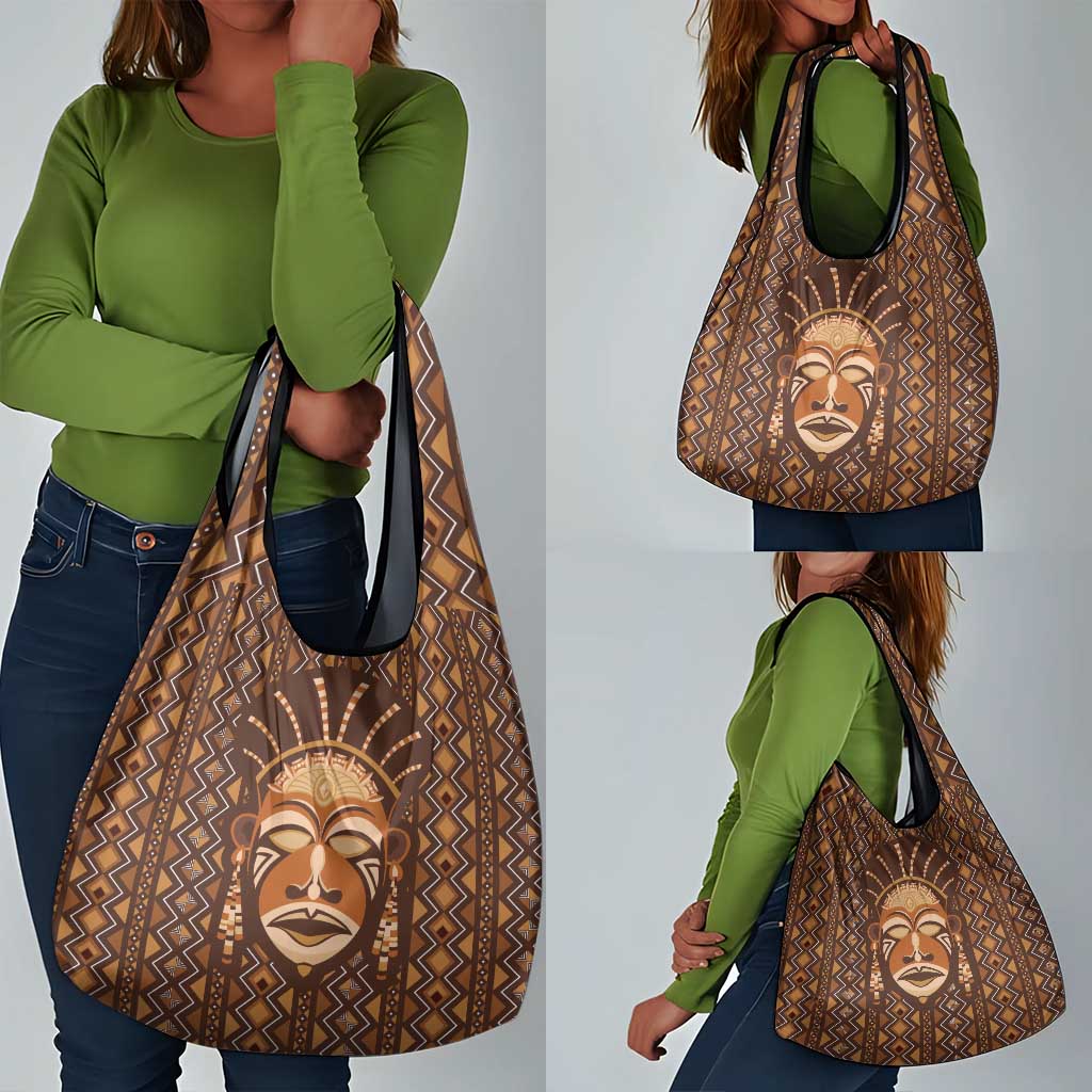 African Mask Printed Mudcloth Grocery Bag Afro Bogolan