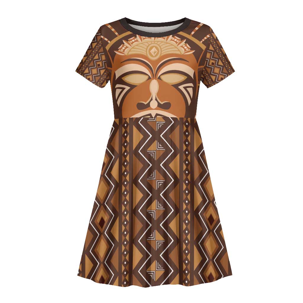 African Mask Printed Mudcloth Kid Short Sleeve Dress Afro Bogolan