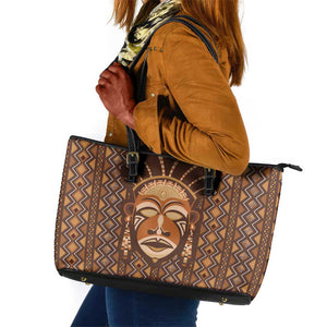 African Mask Printed Mudcloth Leather Tote Bag Afro Bogolan