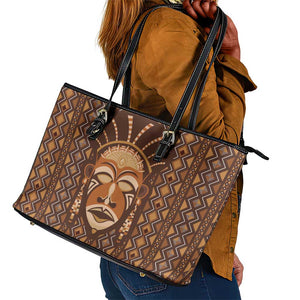 African Mask Printed Mudcloth Leather Tote Bag Afro Bogolan