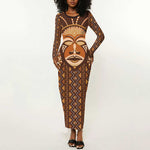 African Mask Printed Mudcloth Long Sleeve Bodycon Dress Afro Bogolan DT03