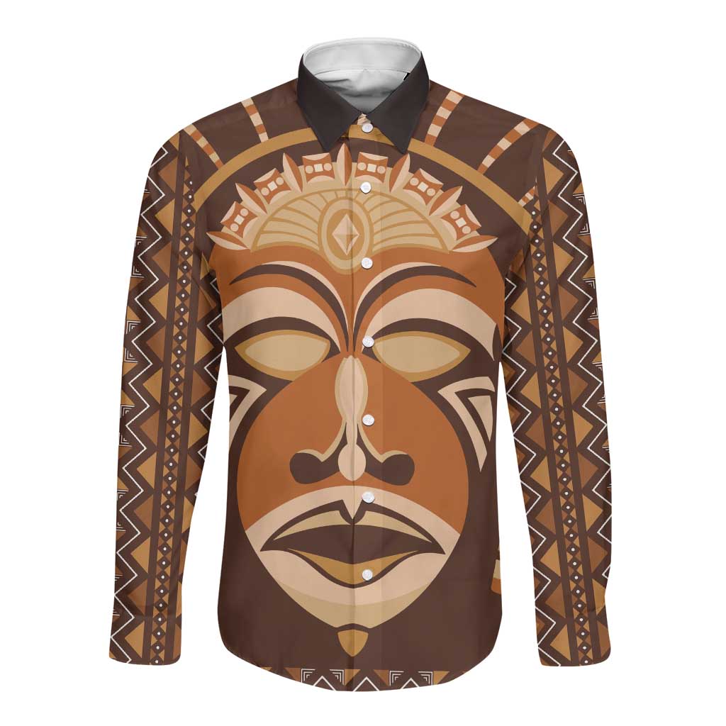 African Mask Printed Mudcloth Long Sleeve Button Shirt Afro Bogolan
