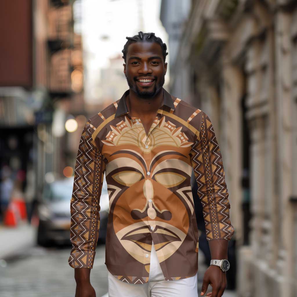 African Mask Printed Mudcloth Long Sleeve Button Shirt Afro Bogolan