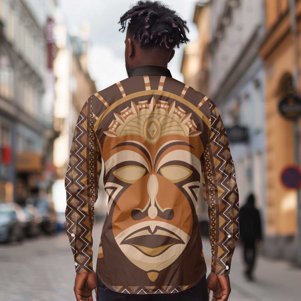 African Mask Printed Mudcloth Long Sleeve Button Shirt Afro Bogolan