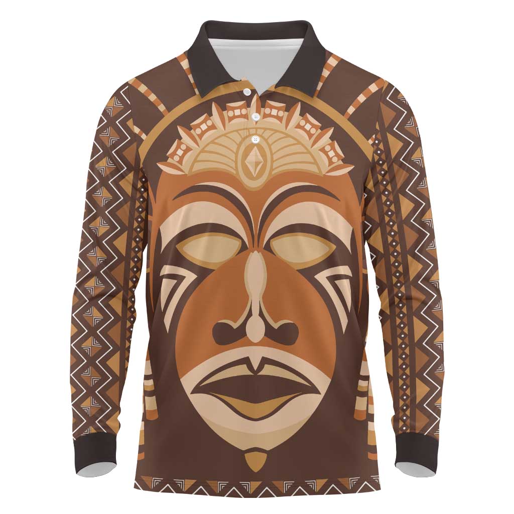 African Mask Printed Mudcloth Long Sleeve Polo Shirt Afro Bogolan