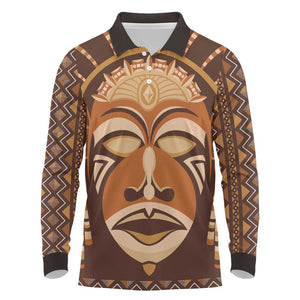 African Mask Printed Mudcloth Long Sleeve Polo Shirt Afro Bogolan