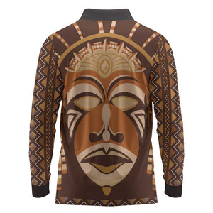 African Mask Printed Mudcloth Long Sleeve Polo Shirt Afro Bogolan