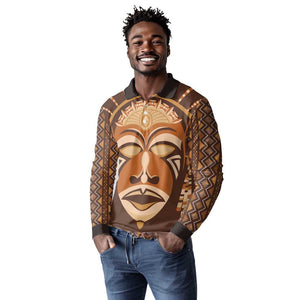 African Mask Printed Mudcloth Long Sleeve Polo Shirt Afro Bogolan