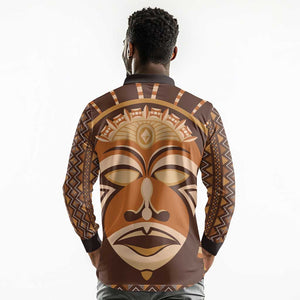 African Mask Printed Mudcloth Long Sleeve Polo Shirt Afro Bogolan