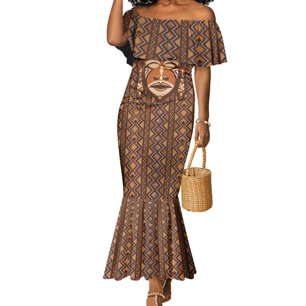 African Mask Printed Mudcloth Mermaid Dress Afro Bogolan