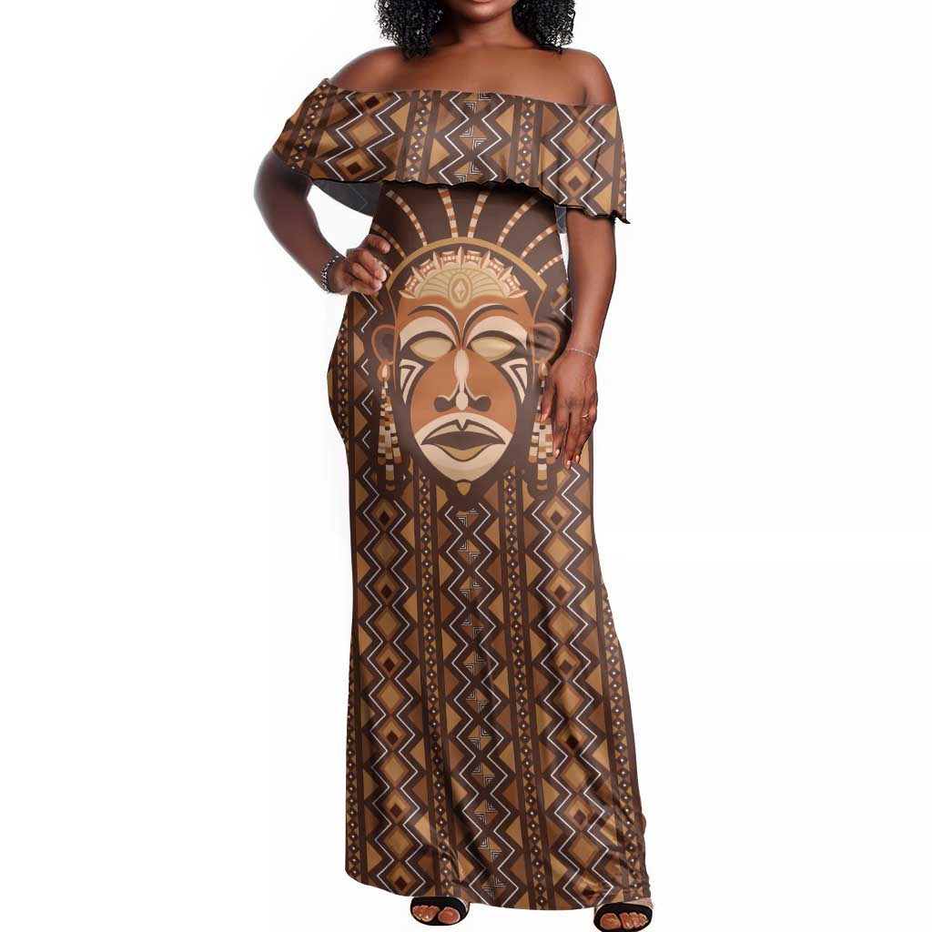 African Mask Printed Mudcloth Off Shoulder Maxi Dress Afro Bogolan