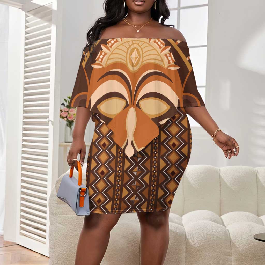 African Mask Printed Mudcloth Off Shoulder Short Dress Afro Bogolan