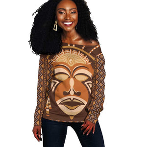 African Mask Printed Mudcloth Off Shoulder Sweater Afro Bogolan