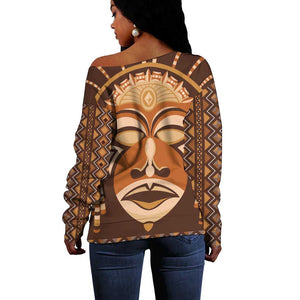 African Mask Printed Mudcloth Off Shoulder Sweater Afro Bogolan