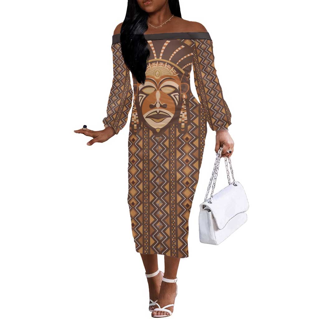 African Mask Printed Mudcloth Off The Shoulder Long Sleeve Dress Afro Bogolan