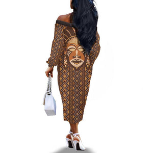 African Mask Printed Mudcloth Off The Shoulder Long Sleeve Dress Afro Bogolan