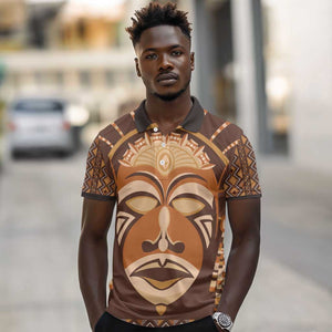 African Mask Printed Mudcloth Polo Shirt Afro Bogolan