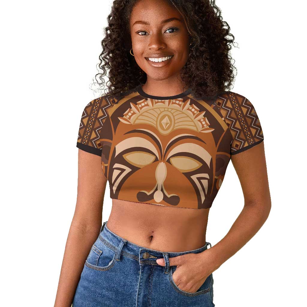 African Mask Printed Mudcloth Raglan Cropped T shirt Afro Bogolan