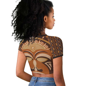 African Mask Printed Mudcloth Raglan Cropped T shirt Afro Bogolan