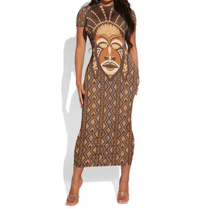 African Mask Printed Mudcloth Short Sleeve Bodycon Dress Afro Bogolan