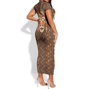 African Mask Printed Mudcloth Short Sleeve Bodycon Dress Afro Bogolan