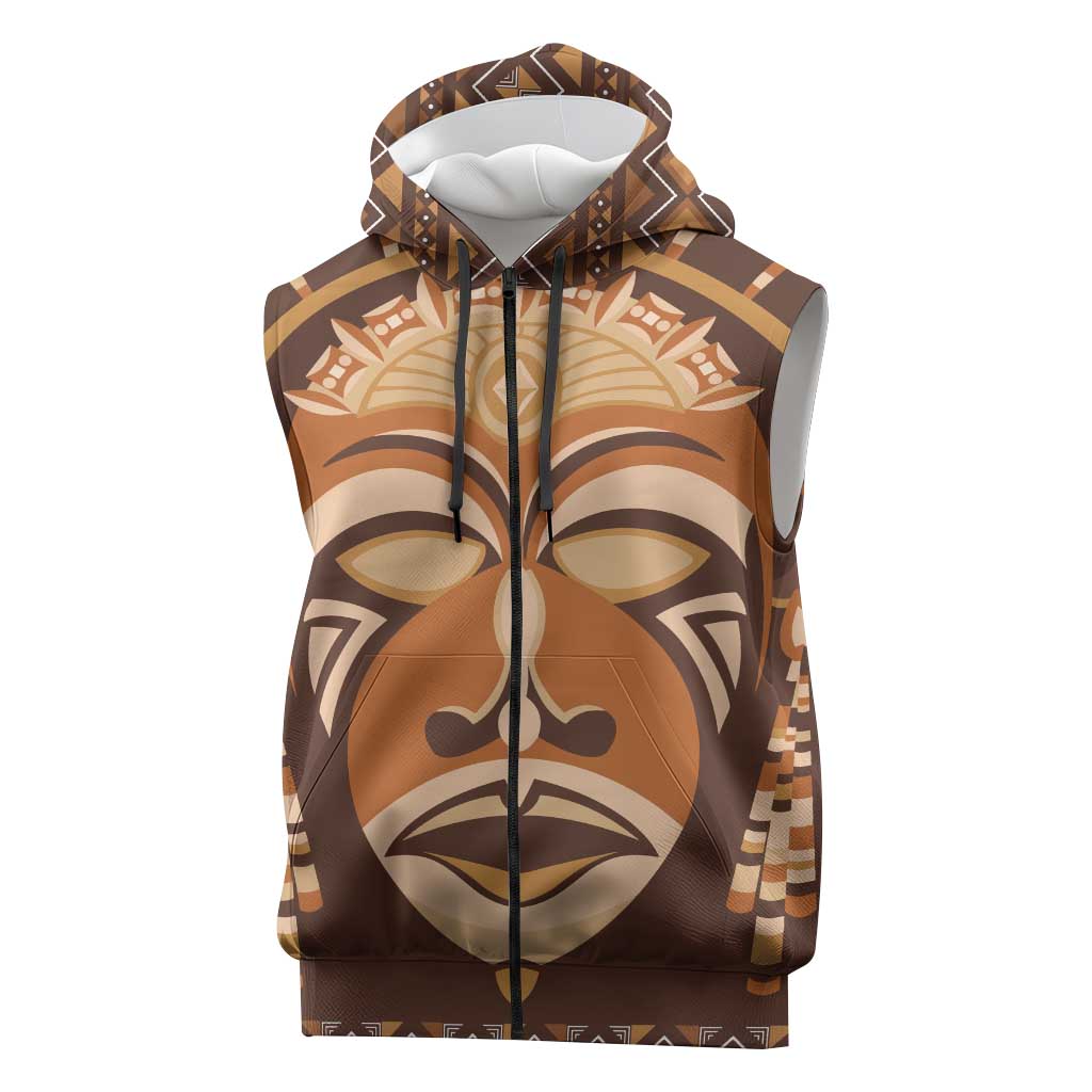 African Mask Printed Mudcloth Sleeveless Zip Hoodie Afro Bogolan - African Pride