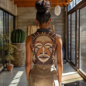 African Mask Printed Mudcloth Women Sleeveless Polo Shirt Afro Bogolan