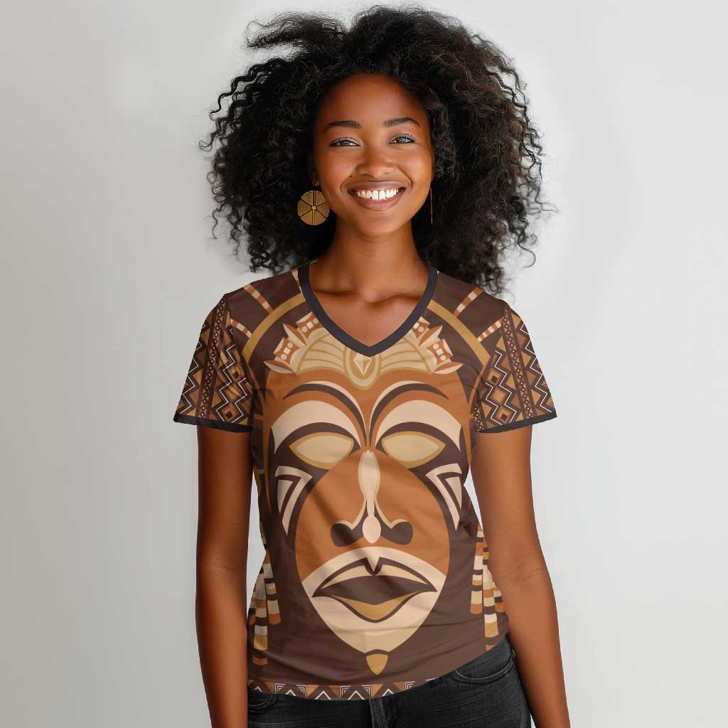 African Mask Printed Mudcloth Women V-Neck T-Shirt Afro Bogolan