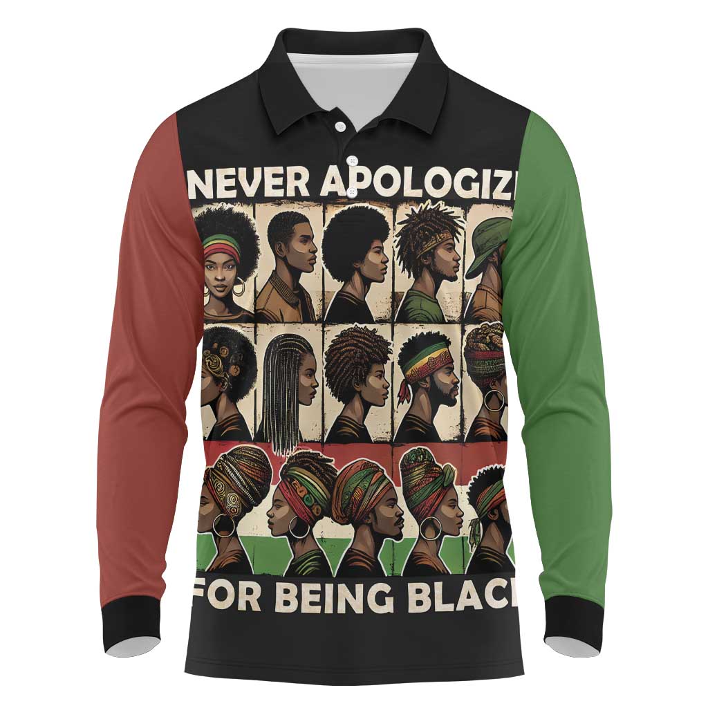 Never Apologize for Being Black Long Sleeve Polo Shirt African Pride