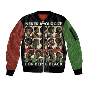 Never Apologize for Being Black Sleeve Zip Bomber Jacket African Pride