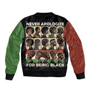 Never Apologize for Being Black Sleeve Zip Bomber Jacket African Pride