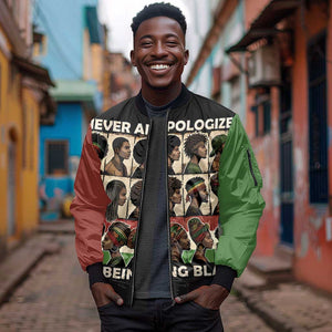 Never Apologize for Being Black Sleeve Zip Bomber Jacket African Pride