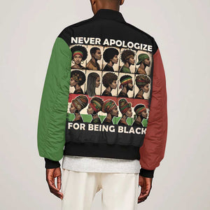 Never Apologize for Being Black Sleeve Zip Bomber Jacket African Pride